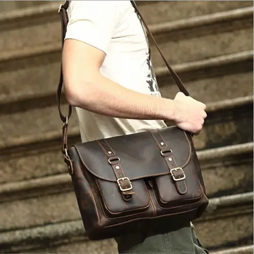  Vintage Leather Messenger Bag with Dual Buckle Straps